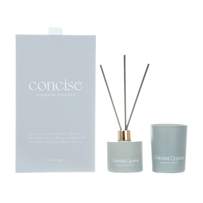 The Concise Collection Grey Gift Set Celestial Cypress 70g/50ml Blue Scented Candle And White Reed Diffuser