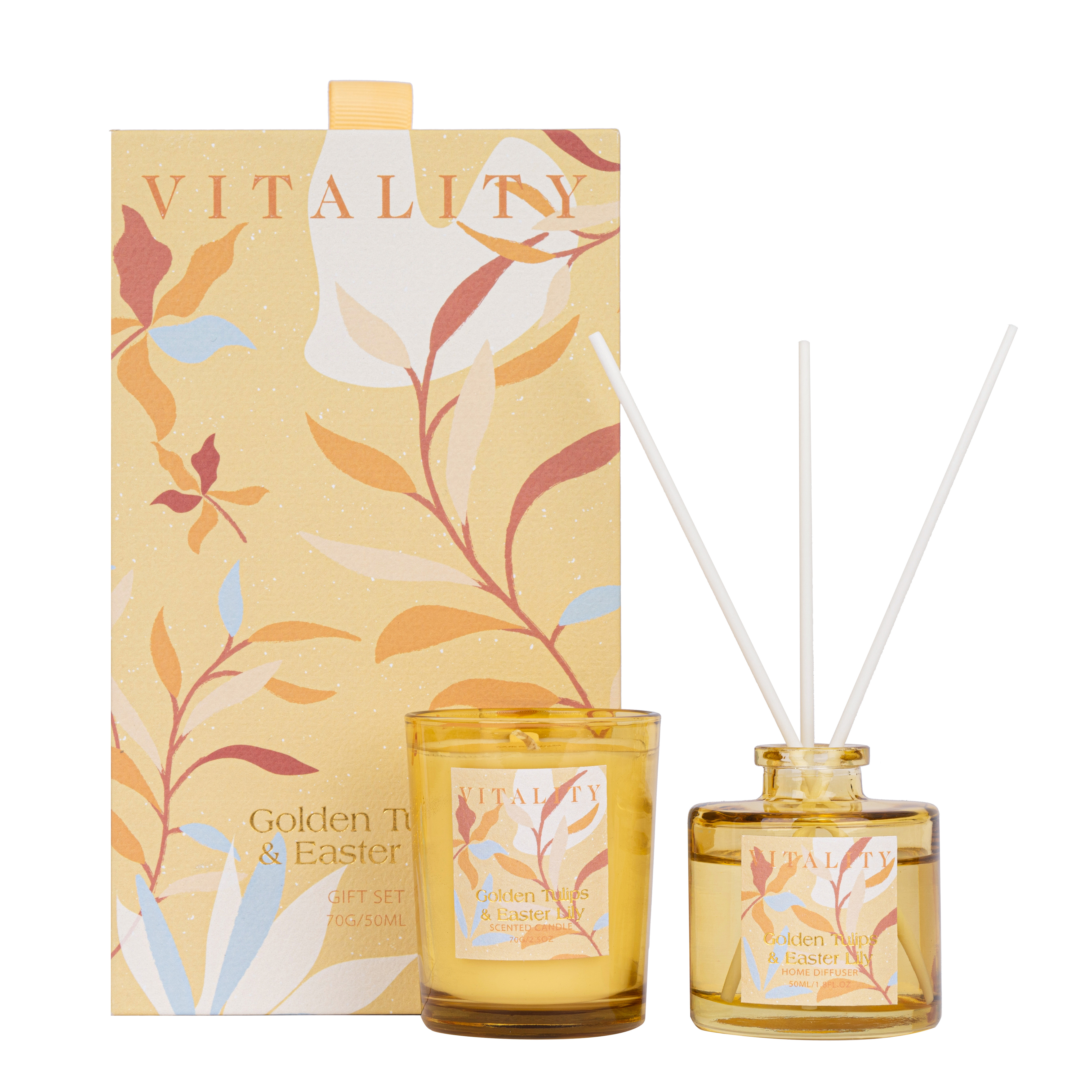 KNIT&WOVE Collection Golden Tulips & Easter Lily 70g/50ml Yellow Scented Candle And Yellow Reed Diffuser 