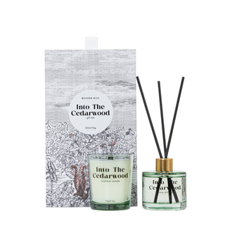 WOODWICK IS ON Collection Into The Cedarwood 70g/50ml Green Scented Candle And Green Reed Diffuser 