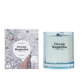WOODWICK IS ON Scented Candle Ocean Magnolia Blue Glass Jar 300g